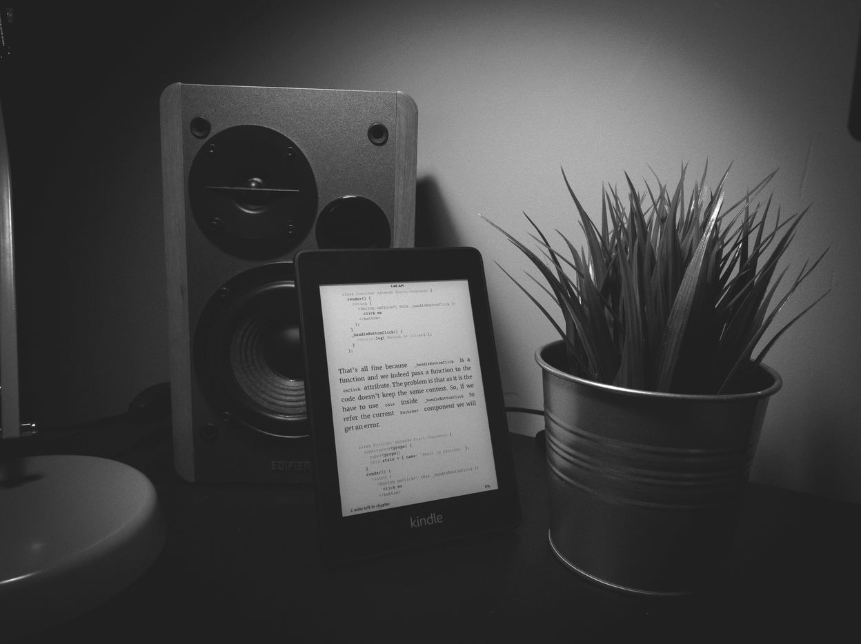 Black and white photo of a Kindle Paperwhite